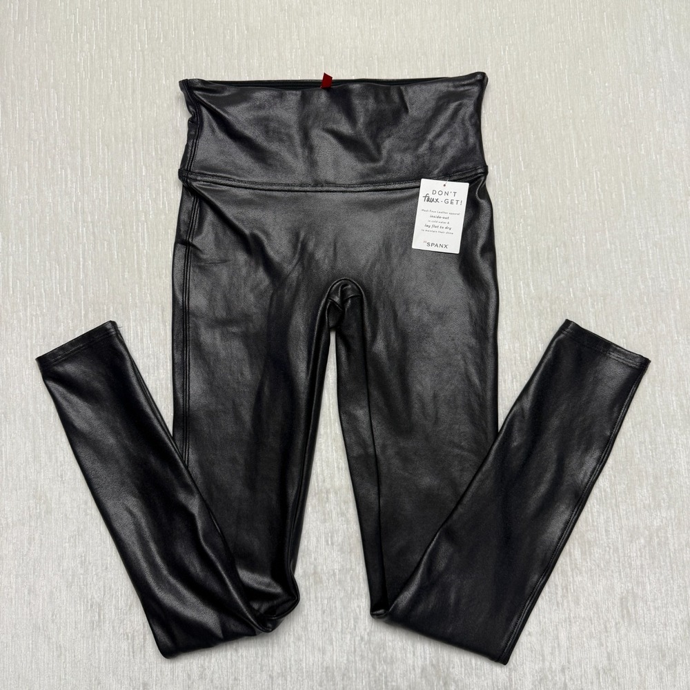 Spanx Faux Leather Leggings Women Small Black High Waist Pull On Slimming Moto